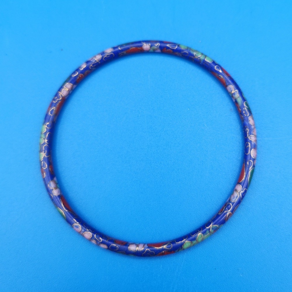 Vintage Cloisonne Enamel Bangle Bracelet Floral Cobalt Blue Pink Green 2.5in